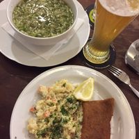 the daily menu, wheat beer, and czech style cucumber salad at Vegalite in Brno
