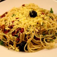 Spaghetti, which was easily as good as any vegan pasta I've eaten at Italian restaurants. It was perfectly cooked with a light home made Rosemary olive oil dressing with olives, sun dried tomatoes and walnuts. at Vegalite in Brno