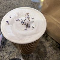 Lavendar latte with oatmilk and coconut whipped cream #Veganuary at Café Crêpe in Big Bear Lake