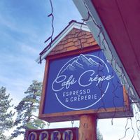 Their sign and cute little winter lights  at Café Crêpe in Big Bear Lake