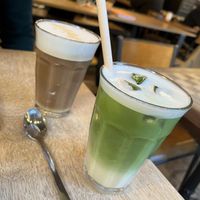 coffee latte and matcha latte with oat milk  at Cafe de la Presse in Brussels