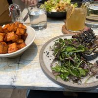 Sweet potatos, Mushrooms with bread base and salad at MESA Restaurant in Paris