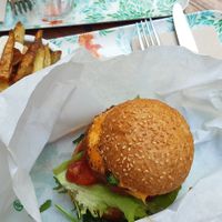 Burger and fries at Peacefood Cafe in Montpellier