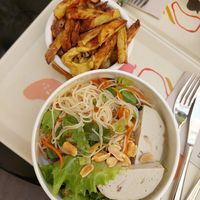 Phad thai with tasty tofu & peanuts + fries & mustard! at Peacefood Cafe in Montpellier