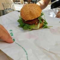Mexican style vegan burger with salsa, lettuce, avocado and sesame bun. at Peacefood Cafe in Montpellier