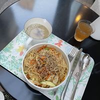 Mushroom soup and Asian noodles   at Peacefood Cafe in Montpellier