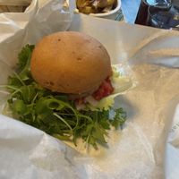 Burger with gluten-free bread  at Peacefood Cafe in Montpellier