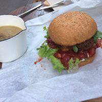Beyond meat burger and mushroom soup at Peacefood Cafe in Montpellier
