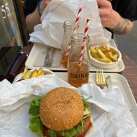 Vegan Burger Mexican with fries and home made ice tea at Peacefood Cafe in Montpellier