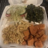 Salad, collards, Mac, sweet potatoes  at Soul Vegetarian - Highland in Atlanta