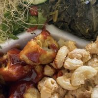 BBQ cauliflower with collard greens and mac n cheeze, side salad and cornbread included   at Soul Vegetarian - Highland in Atlanta