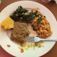 country baked steak, mac and cheese, collards, cornbread  at Soul Vegetarian - Highland in Atlanta