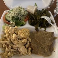 Lunch plate w/ Mac & cheese, greens, chicken fried steak, salad  at Soul Vegetarian - Highland in Atlanta