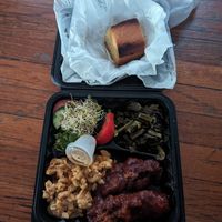 Dinner special with BBQ kalebone, collard greens, and mac and cheese at Soul Vegetarian - Highland in Atlanta
