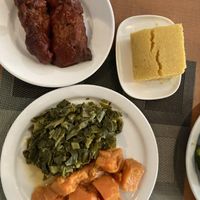 BBQ kalebone (made from wheat gluten), cornbread, sweet potatoes, collard greenss  at Soul Vegetarian - Highland in Atlanta