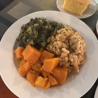 Collard greens, sweet potatoes, Mac & Cheese:)   at Soul Vegetarian - Highland in Atlanta