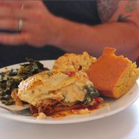 Lasagna, mac & cheese, greens, and cornbread. That lasagna was the BEST at Soul Vegetarian - Highland in Atlanta