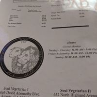 Menu at Soul Vegetarian - Highland in Atlanta