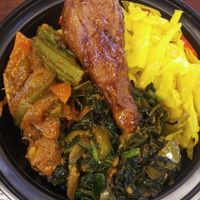 Okra'Swiss Chard'Mac n Cheese at Vege Kingdom Cafe in Newark