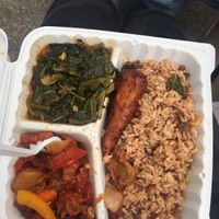 Rice & beans, greens, sausage with vegetables   at Vege Kingdom Cafe in Newark