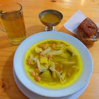 Sopa Criolla with bread, dessert and drink at Sabor y Vida in Lima
