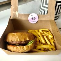 Vegan burger and fries  at Brambles in Dubai