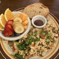 superhero scramble with toast and fruit cup  at Junior's Cafe in Portland