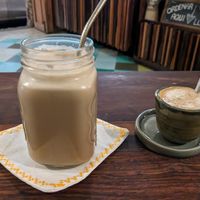 Horchata on the left, Macchiato on the right. at Elela in Valladolid