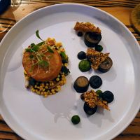 Third course: eggplant, couscous, garlic/chickpea fried patty, harissa, and some other Israeli flavors at Southern Belle in Atlanta