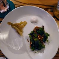 Second course: watermelon rind kimchi, coconut cream, Thai mushrooms with peanuts at Southern Belle in Atlanta