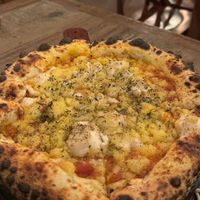 Three-cheese pizza (all vegan) at Forno e Flora in Ubatuba