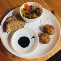 Vegan Phish Cakes starter  at Yogi's in Auroville
