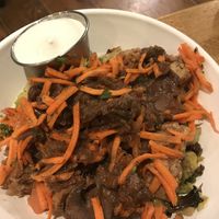 Daily Special- Tempeh Stew with Maple Balsamic Glazed Brussels Sprouts, Herbed Carrots, Yukon Gold Mashed Potatoes, Spinach and a Horseradish Cream.  at Laughing Planet Cafe - Ecotrust in Portland