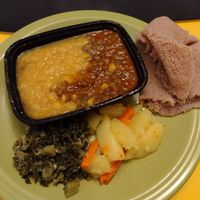 Yellow and green stews, potato and carrot stew, kale. at Ambo in Bellingham