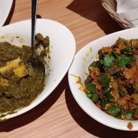 Aloo palak and bhindi masala.  at Nandi's Flavours of India in Kamloops