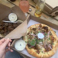 BBQ seitan pizza and seitan wings with garlic sauce and vegan ranch  at Spak Brothers in Pittsburgh
