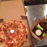 Pizza with veggie sausage and roasted red peppers. Barbecue "wings". at Spak Brothers in Pittsburgh