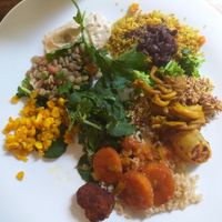 Grãos, homus, rúcula, moqueca de banana, croquete de milho, shimeji, batata-doce, farofa de jaca at Naturale Paladar Vegano in Brasilia