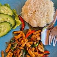 Rice with spicy tofu and basil at Pad Thai Baan Tim Kitchen in Chiang Khong