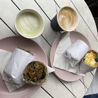 The tofu wrap, seitan and pesto wrap (delicious). Latte and match latte   at It's a Trap in Dublin
