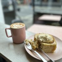 Chai latte and Golfeado cinnamon roll  at It's a Trap in Dublin