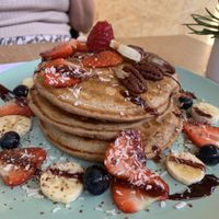 Wholewheat pancakes- so yummy, fluffy and lots of toppings! at Ethos Brothers in Brentwood