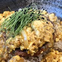 Loco Moco - Beyond burger patty, tofu scramble, mushroom & Maui onion gravy on a bed of fluffy rice. So nice!  at Salt & Pepper Cafe in Honolulu