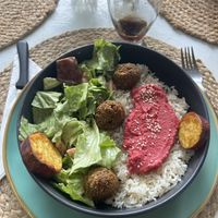 Vegan Bowl with Sweet Potato, Falafel and Hummus   at Casa Rio in Cocles