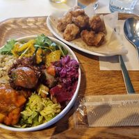 Seasonal Buddha bowl and side of fried soy meat at Optimus Cafe in Osaka
