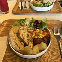 Great breakfast with all vegan ingredients, inclusion a delicious vegan sausage  at Optimus Cafe in Osaka