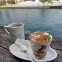Tiramisu and Chai latte at Optimus Cafe in Osaka