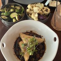 Sichuan Eggplant and Tofu, Caramelized Brussels sprouts in lemon oil, Roasted Cauliflower with capers and a Key West Sunset cocktail!  at Nine One Five in Key West