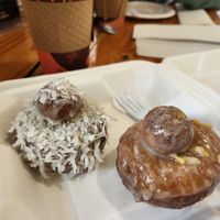 Vegan Coconut and Vegan Lemon donuts with a vegan Toasted Almond coffee! at Brooklyn Cafe in Wilmington