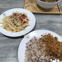 Somtam and mushroom soup  at So Vegan - Yaowarat​ in Bangkok